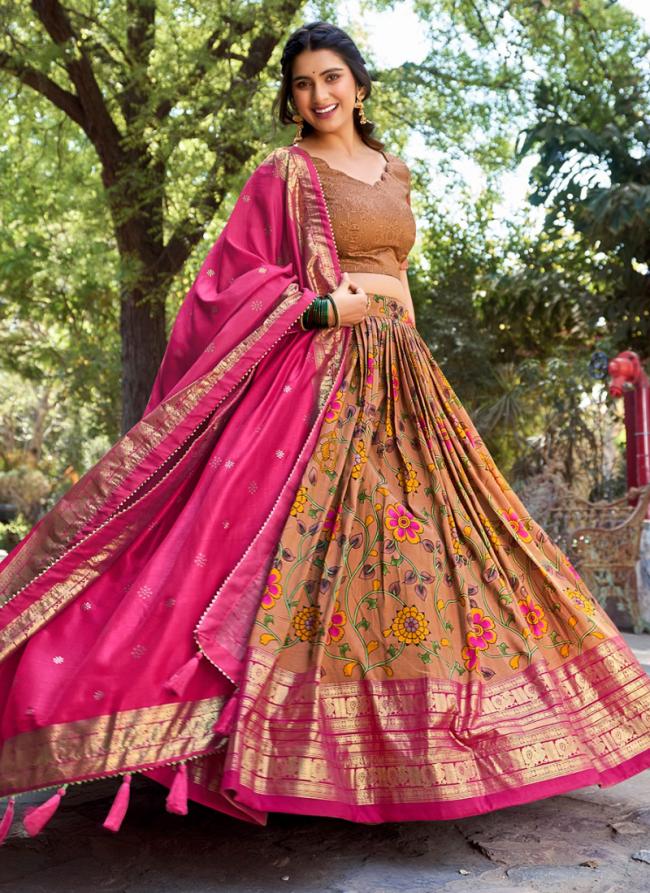 Tussar Silk Mustard Festival Wear Kalamkari Printed Readymade Lehenga Choli